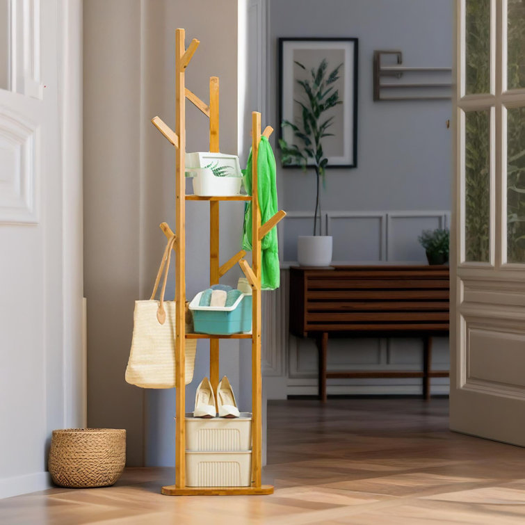 Natural Bamboo 9 Hook Coat Stand Freestanding Coat Rack Hat Stand Umbrella Holder Entryway Hallway